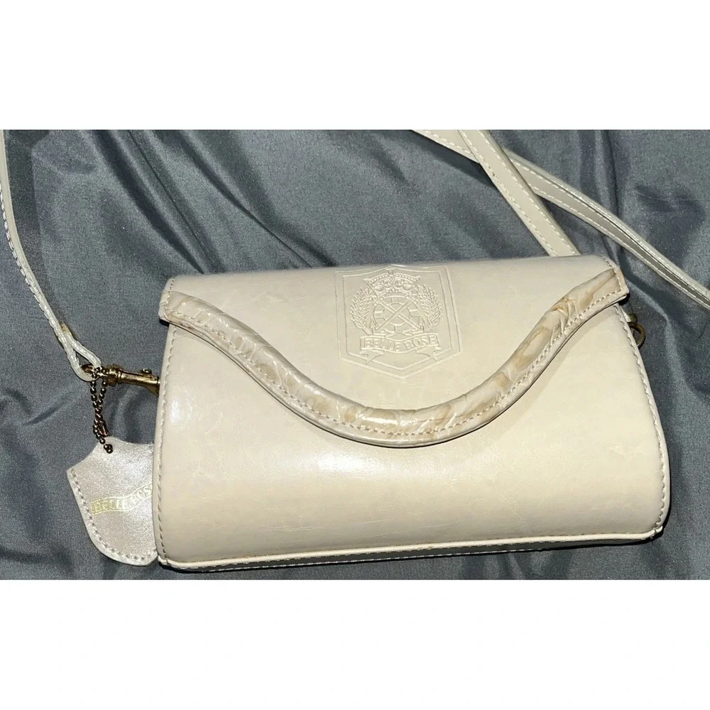Vintage Belle Rose Beige Authentic Leather Satchel Crossbody Sholder Bag Snap.
